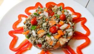 Ensalada de lentejas pardinas con atún y verdura